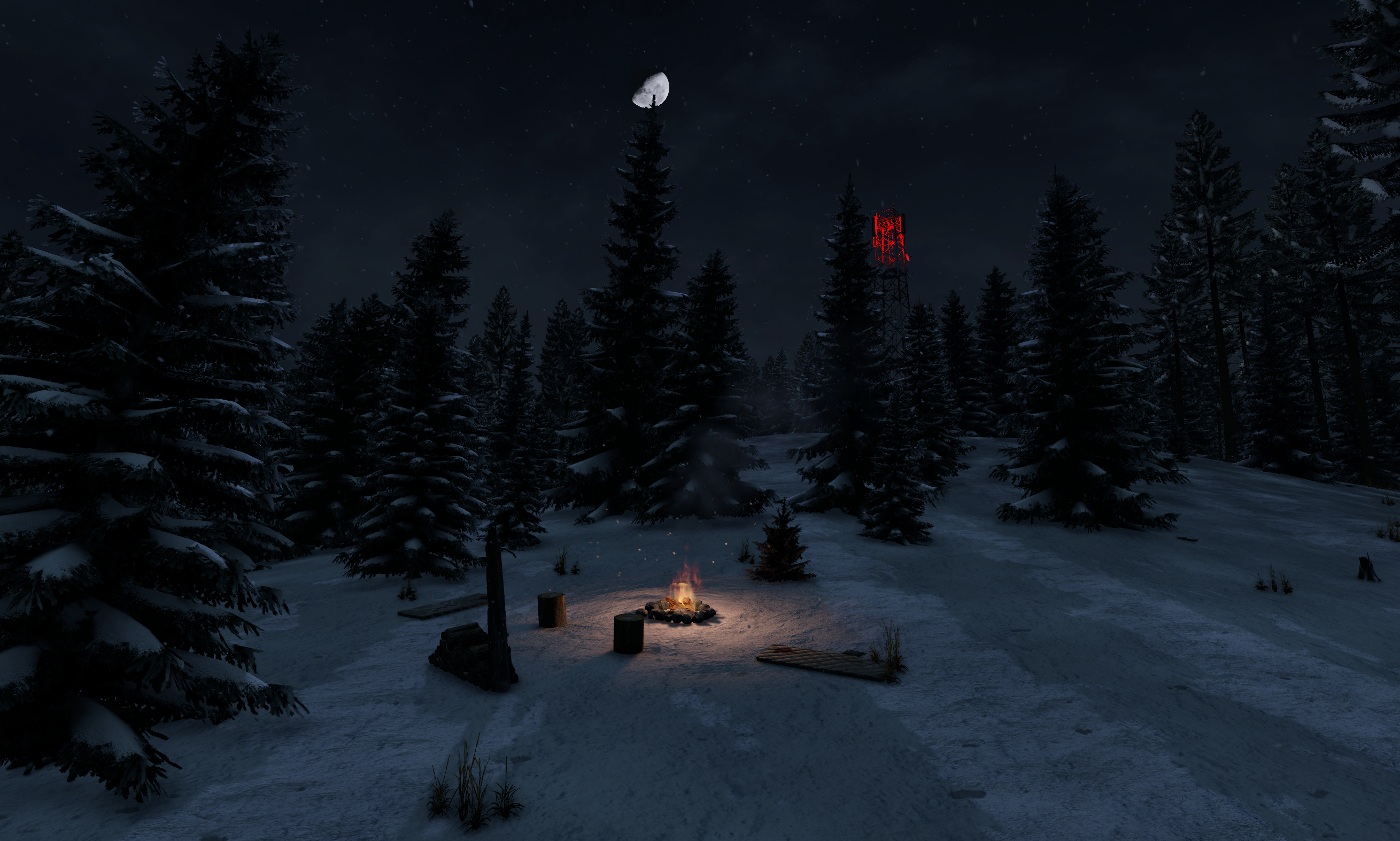 Bandit camp with campfire at night
