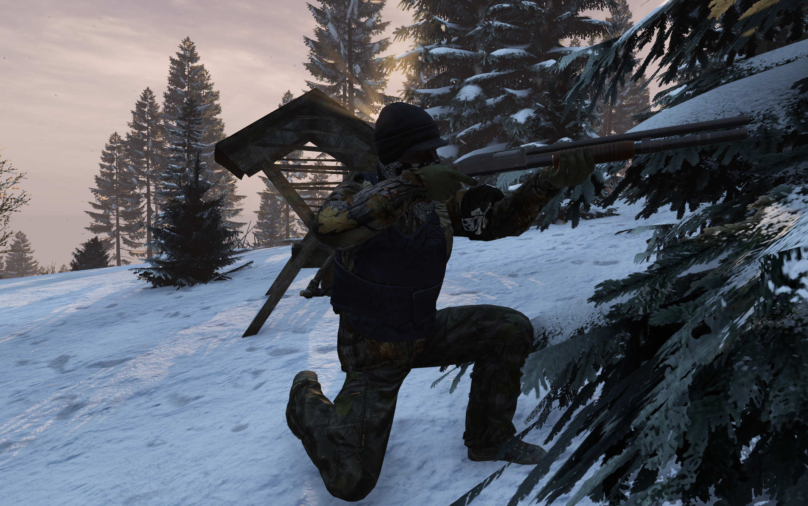 Armed bandits moving through the woods near their camp