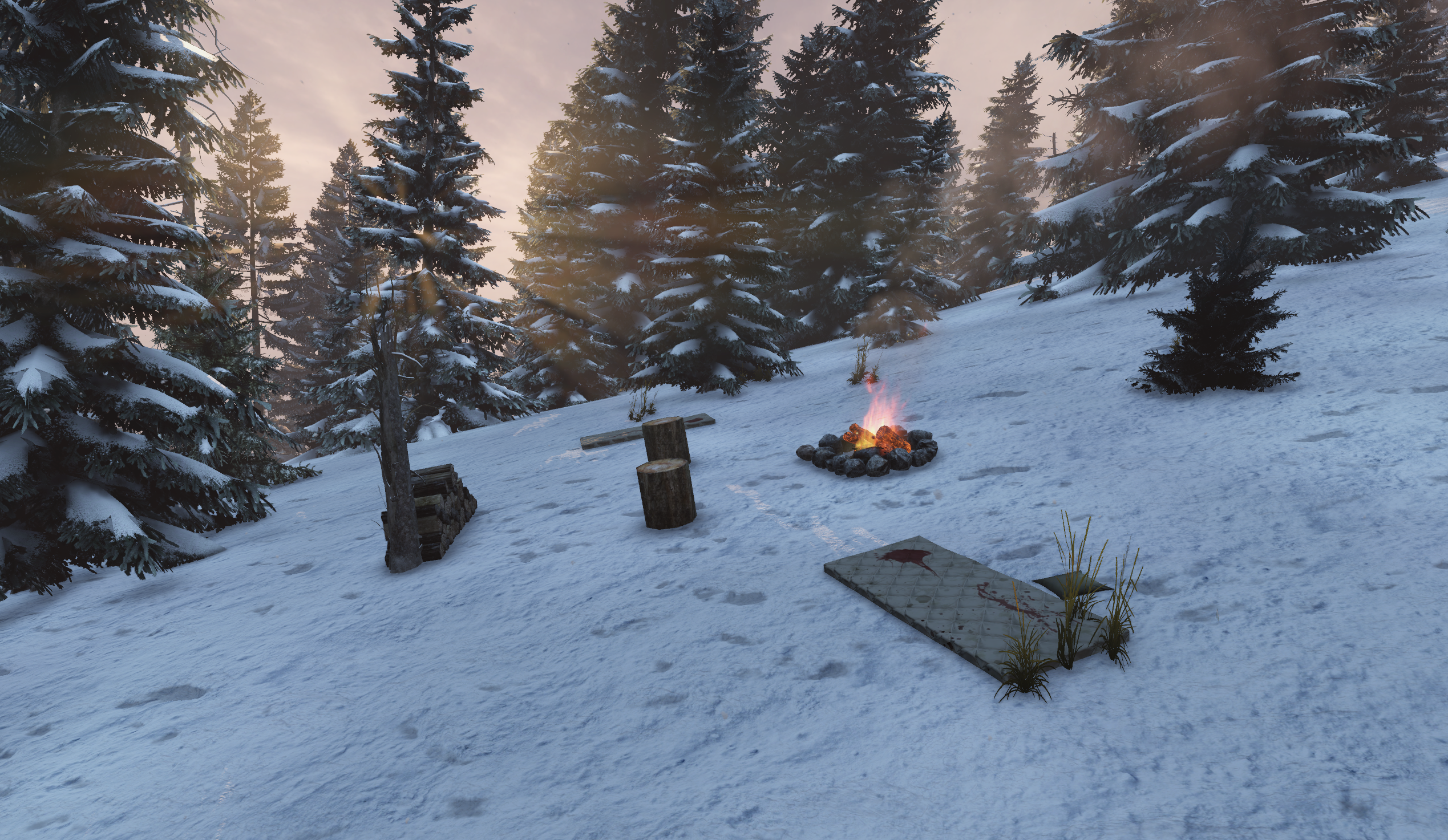 Mattresses and supplies around a bandit camp